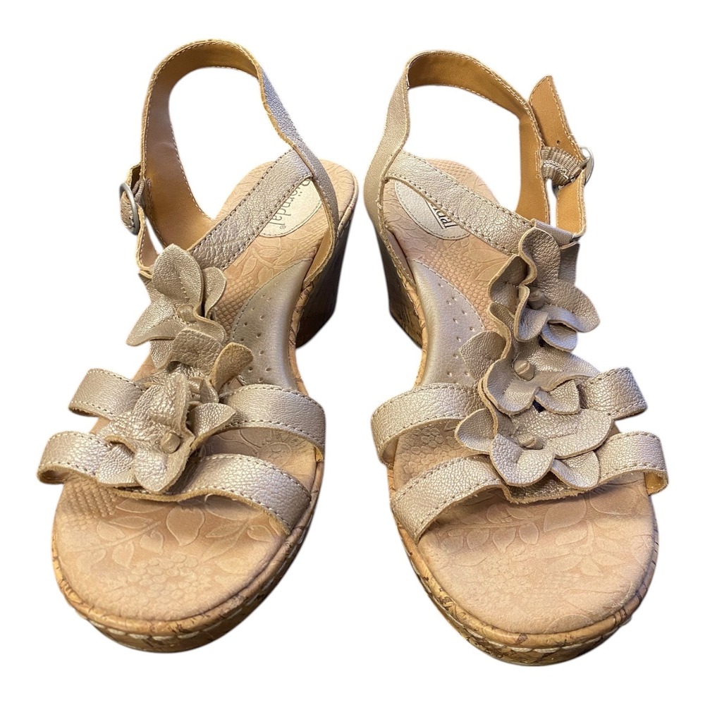 Bjornndal Cork Wedge Sandals Metallic Gold‎ Floral Adjustable Women 11M
